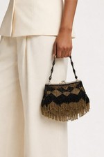 Vintage Black And Gold Fringe Flapper Purse With Beaded Chain