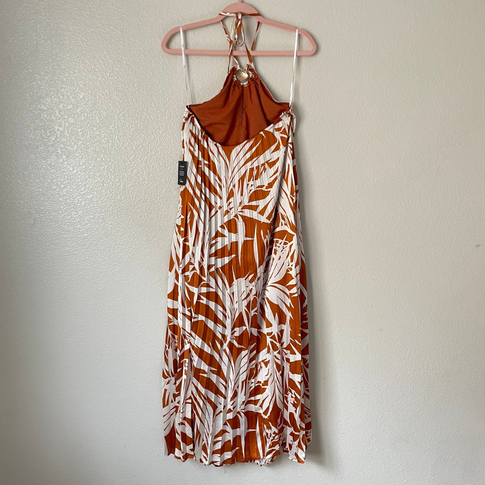 Lulus Dress Womens Small Orange Cream Kalena Maxi Halter Pleated Palm Tree Boho