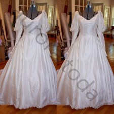 Vintage Satin Wedding Dresses Long Sleeve V Neck Sweep Train A Line Bridal Gown