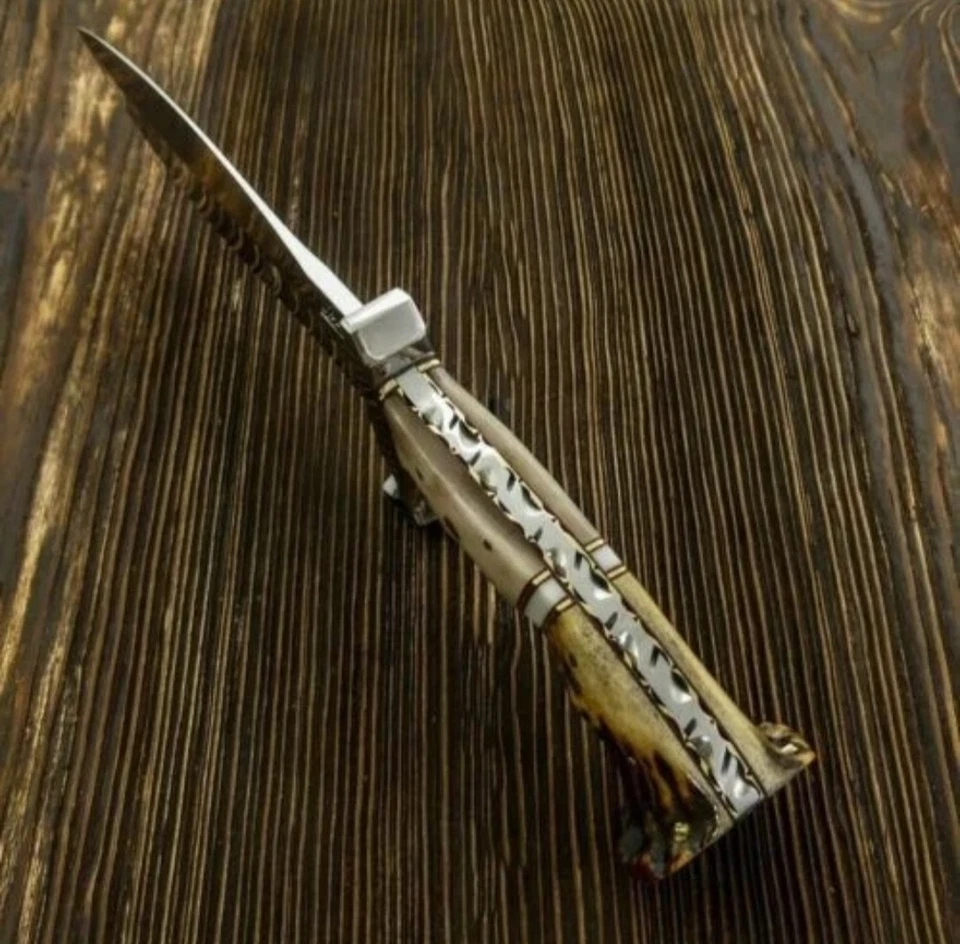 AK CUTLERY 定制手工钢 D2 蝴蝶结刀手柄钢夹、骨头和支架 — 第 2/4 张图片