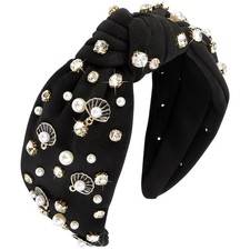 Black Pearl Knotted Headband Wide Padded Top Knot Turban Hair Band for Women