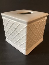 Tissue Box Cover Creamy White Ceramic Square 6" x 6" Trefoil Pattern