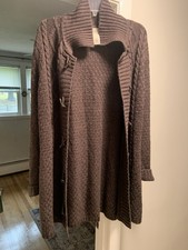 LL Bean Cardigan Sweater Women's Xl Brown Cable Knit Collar Toggle Fisherman