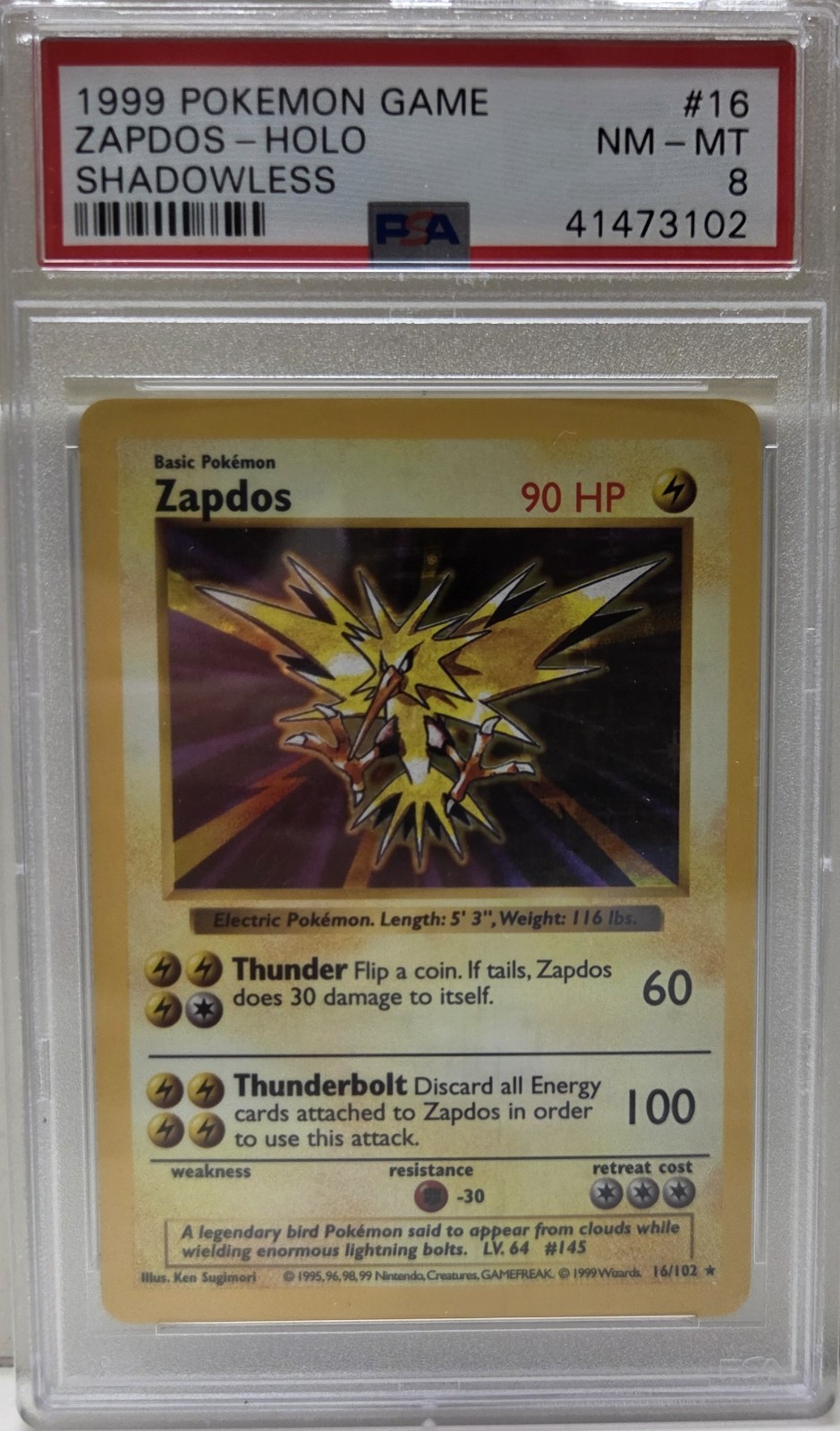1999 Zapdos Holo Shadowless PSA 8
