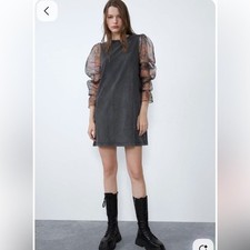 Zara Gray Sweatshirt Dress Sheer Floral  Sleeve Mini Medium Whimsigoth Grunge