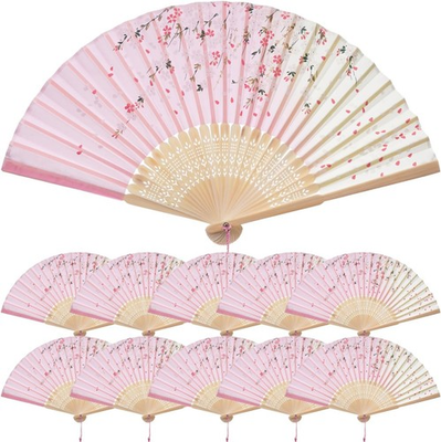 #ad QIRMIZI 10 Pieces Handheld Fans Silk Folding 05 Pink Cherry Blossom Rain $25.81