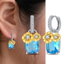 KUNSIR 925 Sterling Silver Daisy Blue Zircon Drop Earrings Women Jewelry Gifts