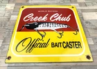 VINTAGE CREEK CHUBB Official BAIT CASTER PORCELAIN GAS OIL PUMP STATION SIGN