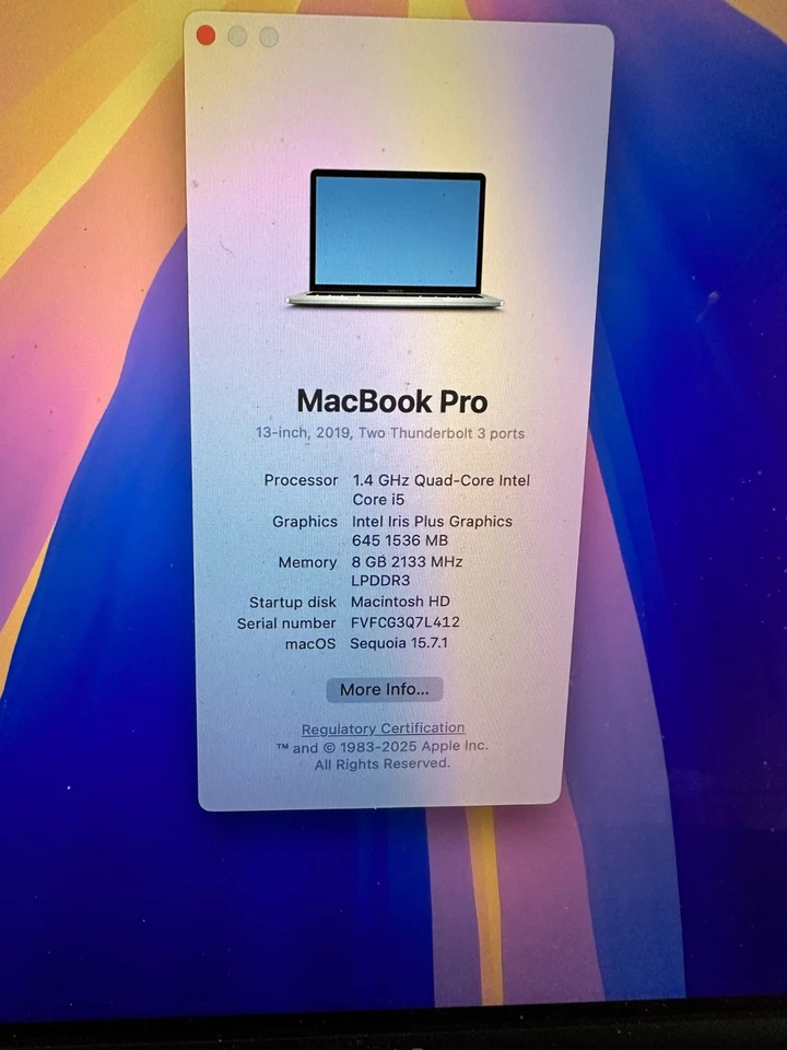Apple MacBook Pro 13" 2019 TouchBar i5 8GB ram 250GB ssd (A2159) - Image 3 of 4
