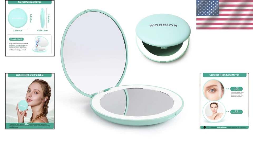 Espejo de Maquillaje de Viaje con Iluminación LED, Aumento 1x/10x, Compacto, Portátil para... Foto 2 de 4