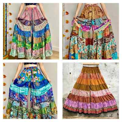 10 Pcs OF Indian Vintage Sari Printed Boho Gypsy Wide-Leg Palazzo Pants Trousers
