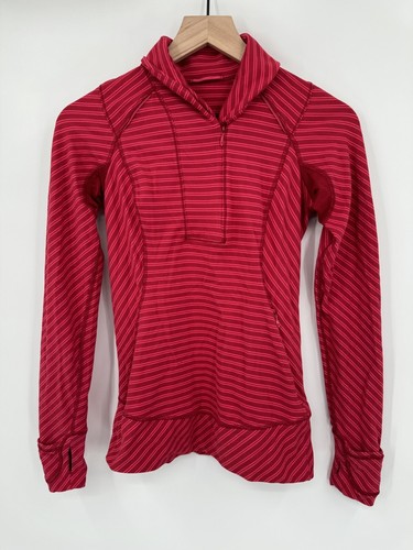 Lululemon Think Fast Pullover Quarter 1/4 Zip Red Pink Striped Sweatshirt Sz 4