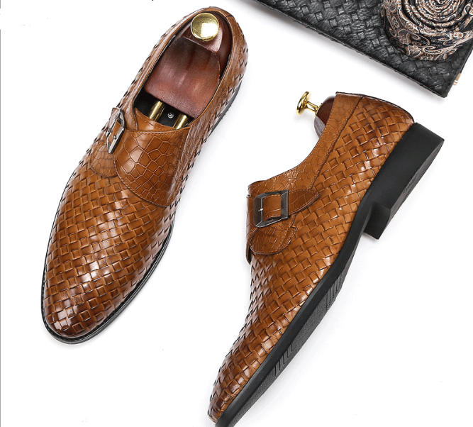 Men's Fashion Pointy Toe Weave Buckle Strap Leather Shoes Business
