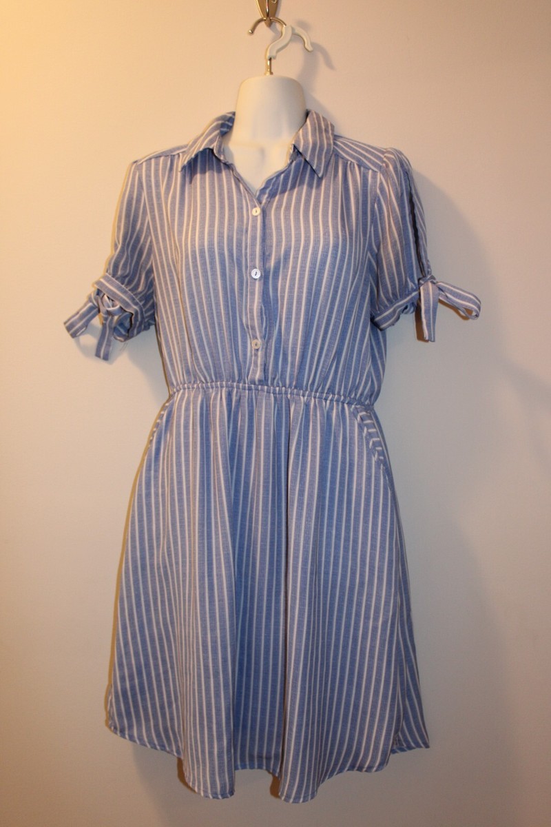 monteau blue dress and White Vertical Striped Elastic Waist Size L Color:Heathered Cream