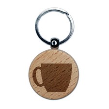 Coffee Mug Cup Solid Engraved Wood Round Keychain Tag Charm