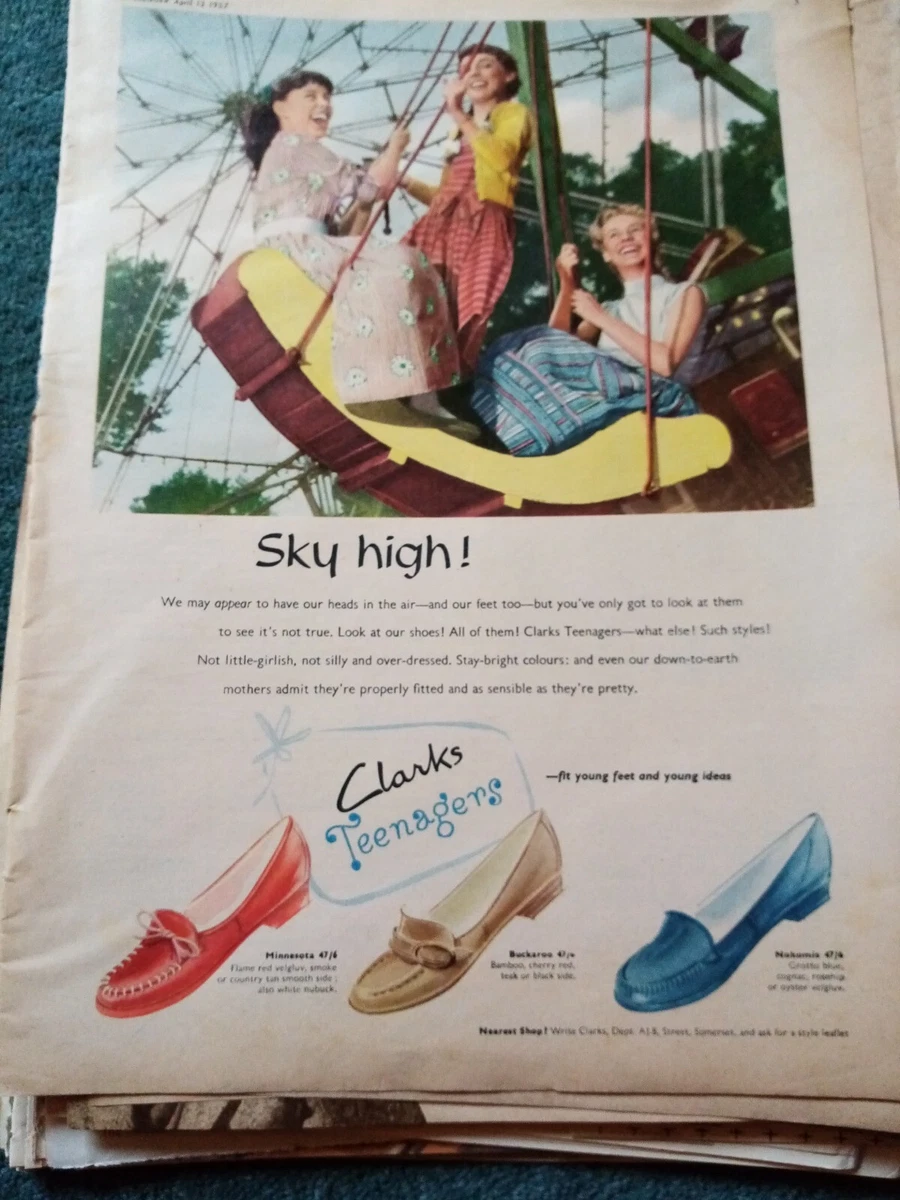 El78 Ephemera 1957 advert clarks shoes teenagers sky high colour