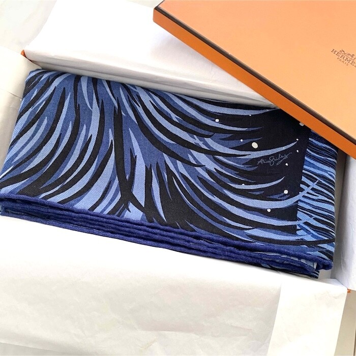 HERMES エルメス★カシミヤシルク Awooooo Hermes Scarf Stole Awooooo Wolf Navy Alice Shirley Cashmere Silk
