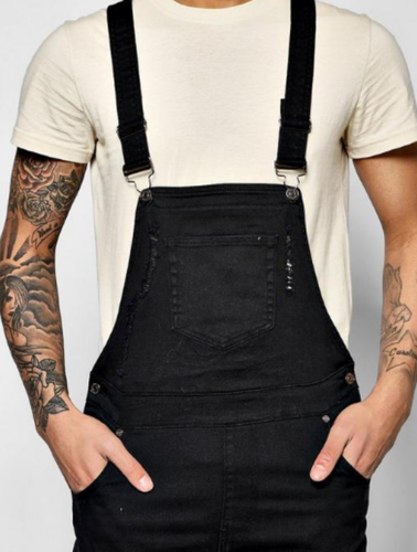 Mens Boohoo Man Slim fit denim dungarees with Rips Black Sz L