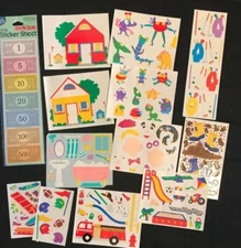 Mrs. Grossman's vintage stickers:Endorfuns, bath, home, toys,fire truck,Monopoly