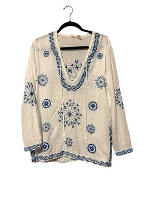 Surf Gypsy Swim Cover Up Size L READ Embroidered White Blue