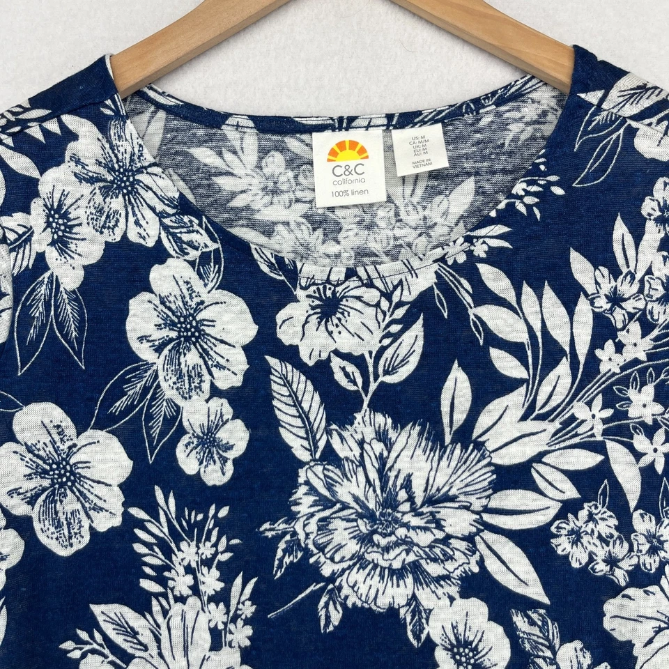 C&C CALIFORNIA Top M Linen Slub Jersey Hibiscus Tropical Cap Sleeve Blue - Image 4 of 4