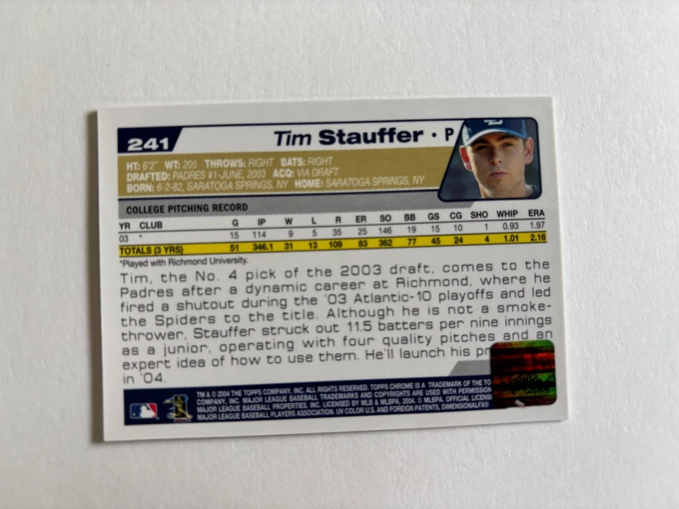 2004 Topps Chrome Tim Stauffer #241 Rookie Auto RC Rookie San Diego Padres - Image 2 of 2