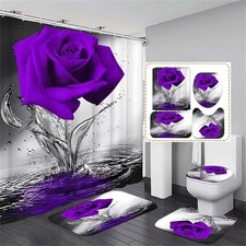 Purple Rose Bathroom Set with Shower Curtain and Non-Slip Rugs, Bath Mat, Toi