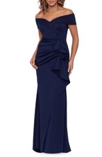 NEW XSCAPE Off the Shoulder Ruffle Scuba Crepe GOWN SIZE 8P 278 MIDNIGHT BLUE