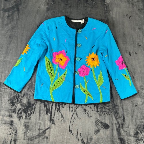 Drapers & Damons Jacket Womens Medium Blue Floral Embroidered Cotton Blend 3581