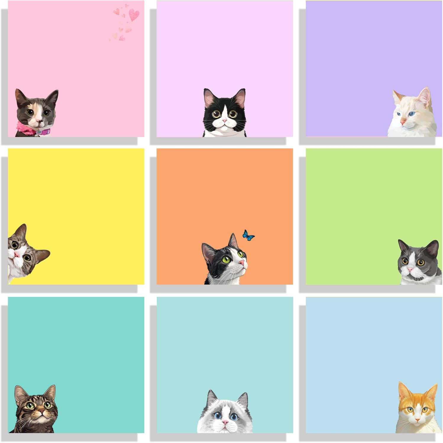 9 Pads Cute Sticky Notes Set, 3" x 3" Black Cat Self Stick Notepads, Funny Stick