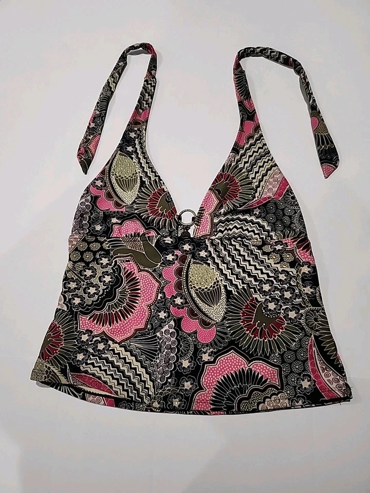 Camiseta Tankini Sand N Sun Halter Floral y Geométrica Rosa Negro Verde Sin Etiquetas de Talla Foto 2 de 4