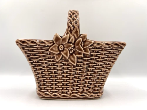 Vintage 1960"s McCoy Ceramic Brown Floraline Basket Planter Woven Flowers