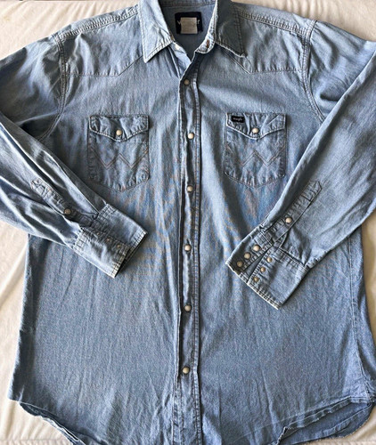 Wrangler, Vintage Wrangler Shirt Mens XL Denim Pearl Snap Western X-Long Tails 90s
