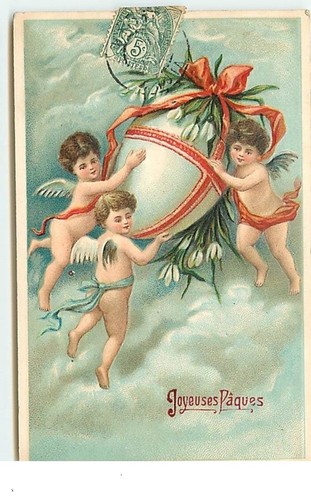 Carte Gaufrée - Joyeuses Pâques - Anges apportant un oeuf - 18527