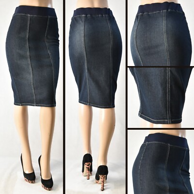 Women 26'' Skirt Stretch Denim no slit pencil BLACK wash elastic w/b#WG-79486