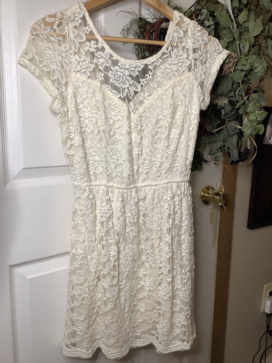 Ivory White Floral Lace Short Sleeve Ladies' Juniors Dress Size M | eBay