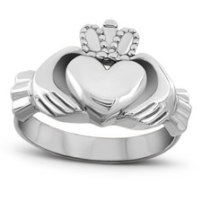 Solid 14K White Gold Claddagh Ring, Large Irish Celtic Band, Heart Hands Ring