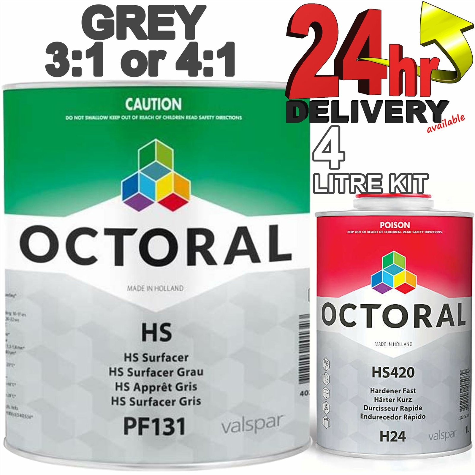 Octoral PF131 + H24 Grey HS Primer Surfacer with Fast Hardener 4Litre Kit