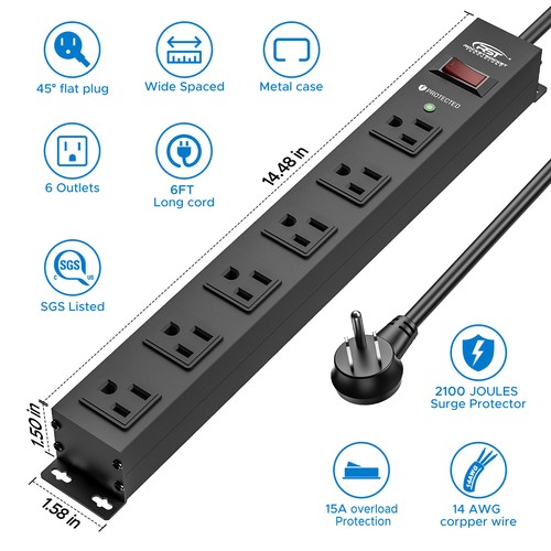 6-Port Heavy Duty Wall Outlet, 2100J Surge Protector with 6ft Cord - Picture 4 of 18