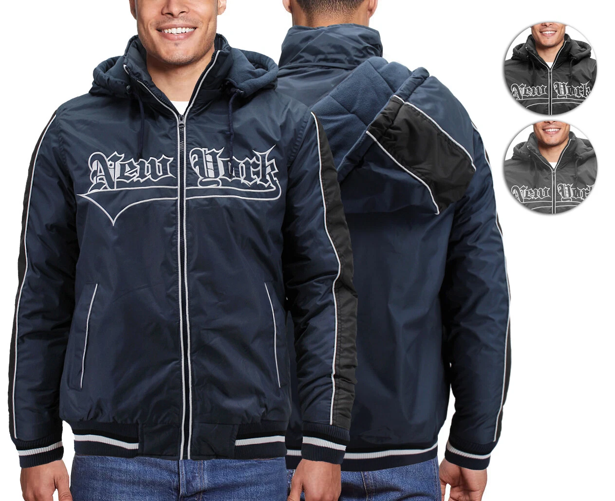 Men's New York Removable Hood Windbreaker Zipper Puffer Nylon Jacket