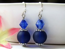 Cobalt Blue Round Frosted Sea Glass, Silver Dangle Earrings-Handcrafted Jewelry