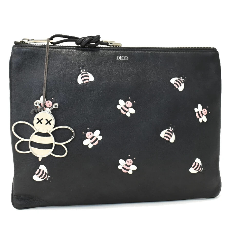 Christian Dior x Kaws Bee Motif Leather Clutch Bag Black Pink 22-BO-1118 Authentic