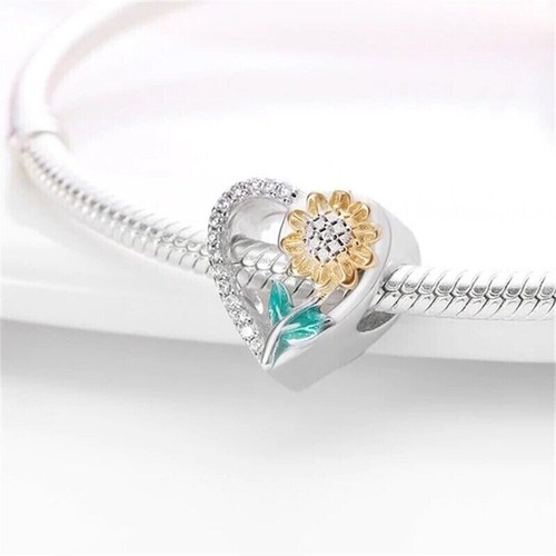 925 Sterling Silver Family Sunflower Heart Charm for women bracelet birthday - Picture 2 of 2
