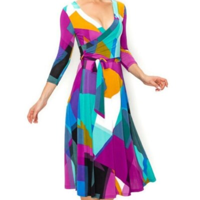 Janette Fashion Purple Multicolor Patches Faux Wrap Knee Length Dress | eBay