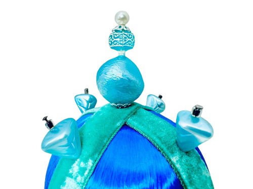 Vintage 70s Blue Satin Push Pin Carved Beads Teal Velvet Chains 2 Boho Ornaments - Picture 3 of 21