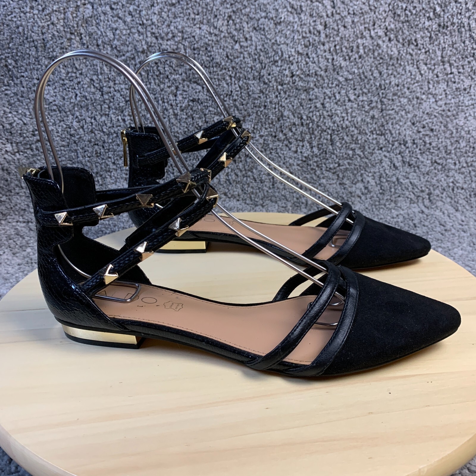 Aldo Black Micro Velvet Flats Gold Studded Ankle Strap Pointed Toe 8 Zip  Heel * | eBay