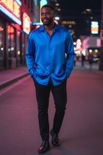 Money Collection Mens 18.5 36 37 Blue Button Up Long Sleeve Polyester