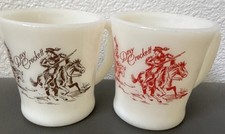 Vintage Fire-King milk glass mugs by Anchor Hocking. Davy Crockett set of 2