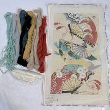 Lee 624 Handpainted Needlepoint Canvas 10x18 Asian Fans Japan w Yarn Fibers 18ct