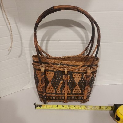Philippines Tribe or other Hand Woven Straw Cane River Basket Bag Purse vintage 